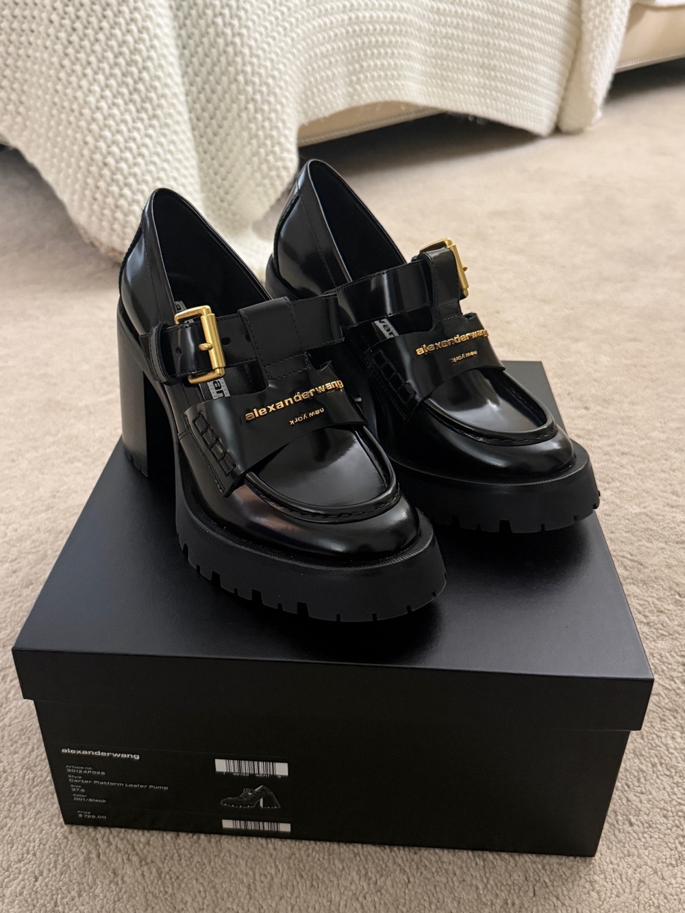 Alexander Wang Black Patent Chunky Lug-Heel Loafers with Gold Buckle